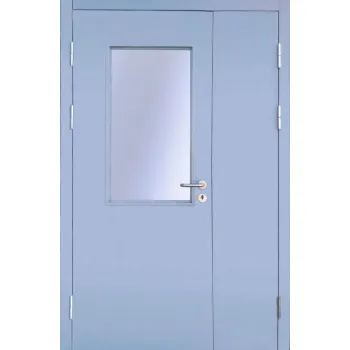 Подъездная дверь со светло-синим МДФ и стеклом